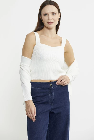 İçi Askılı Triko Hırka Takım - Kemik - 2