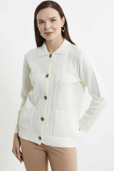 Cep Detaylı Düğmeli Yünlü Triko Hırka - Kemik - Resim 3