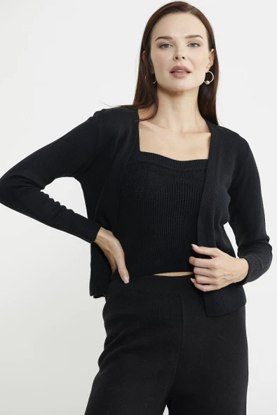 İçi Askılı Triko Hırka Takım - Siyah - 4