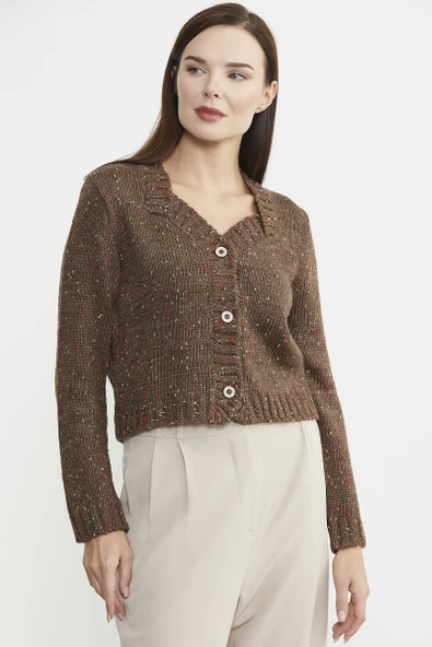 Kırçıllı Yaka Detaylı Yünlü Triko Hırka - Kahve - Resim 3