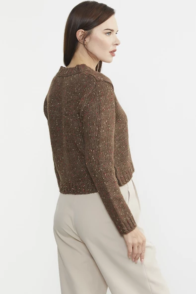 Kırçıllı Yaka Detaylı Yünlü Triko Hırka - Kahve - Resim 5
