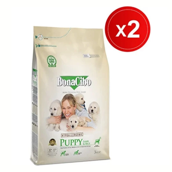 Bonacibo Puppy Lamb & Rice 3 kg x 2 Adet Kuzu Etli ve Pirinçli Yavru Köpek Maması