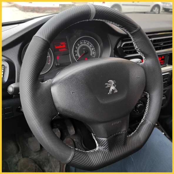 Peugeot 301 Araca Özel Dikmeli Direksiyon Kılıfı (Karbon Gri Yüzüklü Noktalı) - 4