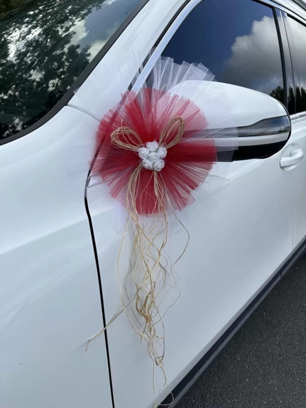 10 Adet Beyaz Kırmızı Kristal Tül Beyaz Latex Gül Doğal Rafya Detaylı Düğün Nikah Kına Sünnet Konvoy Süsü - 4