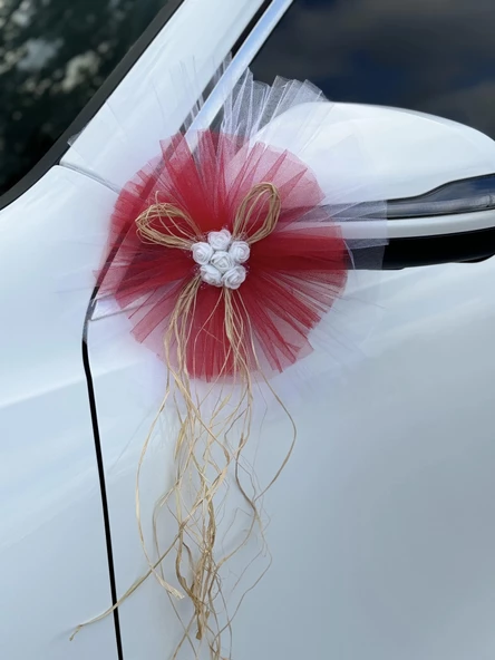 10 Adet Beyaz Kırmızı Kristal Tül Beyaz Latex Gül Doğal Rafya Detaylı Düğün Nikah Kına Sünnet Konvoy Süsü - 5