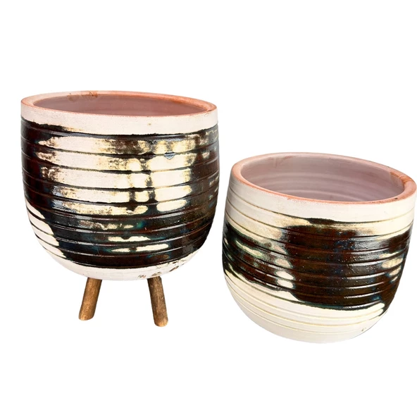 Bitki Tasarımı Yeşil Sırlı Terrakota Toprak Saksı Saksılık Salon Çiçeklik İkili Set Ayaksız - 3 Ayaklı- 19 CM - 3