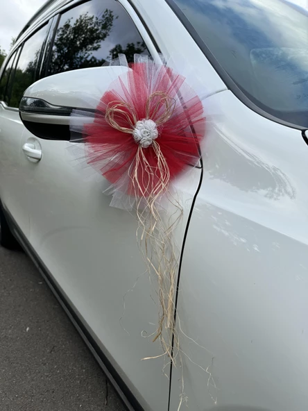 30 Adet Beyaz Kırmızı Kristal Tül Beyaz Latex Gül Doğal Rafya Detaylı Düğün Nikah Kına Sünnet Konvoy Süsü - 5