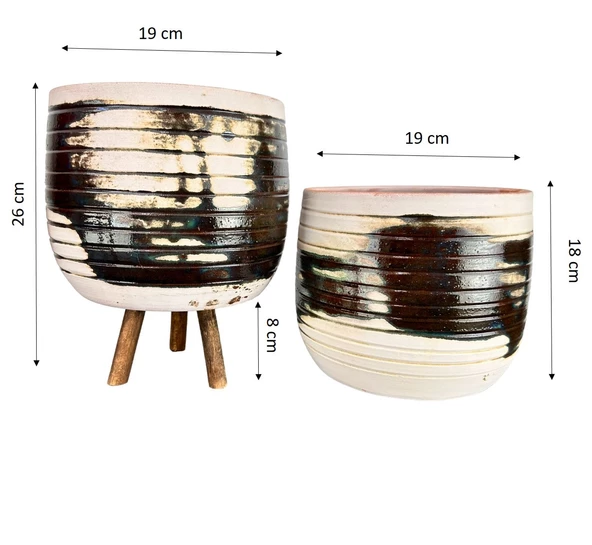 Bitki Tasarımı Yeşil Sırlı Terrakota Toprak Saksı Saksılık Salon Çiçeklik İkili Set Ayaksız - 3 Ayaklı- 19 CM - 2