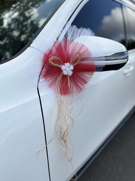 20 Adet Beyaz Kırmızı Kristal Tül Beyaz Latex Gül Doğal Rafya Detaylı DüğünNikah Kına Sünnet Konvoy Süsü - Resim 7