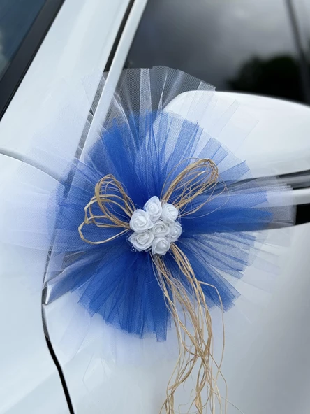 10 Adet Beyaz Mavi Kristal Tül Beyaz Latex Gül Doğal Rafya Detaylı Düğün Nikah Kına Sünnet Konvoy Süsü - Resim 6