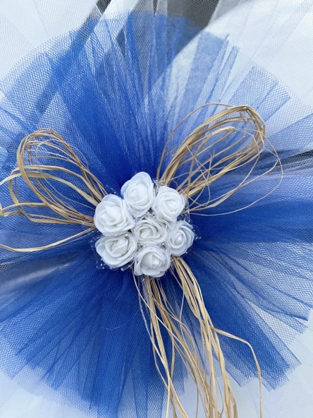 10 Adet Beyaz Mavi Kristal Tül Beyaz Latex Gül Doğal Rafya Detaylı Düğün Nikah Kına Sünnet Konvoy Süsü - Resim 7