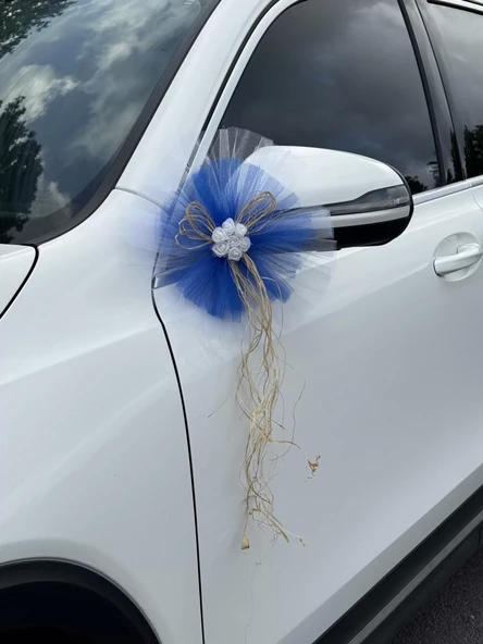 10 Adet Beyaz Mavi Kristal Tül Beyaz Latex Gül Doğal Rafya Detaylı Düğün Nikah Kına Sünnet Konvoy Süsü - Resim 2