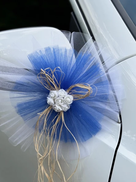 30 Adet Beyaz Mavi Kristal Tül Beyaz Latex Gül Doğal Rafya Detaylı Düğün Nikah Kına Sünnet Konvoy Süsü - 8