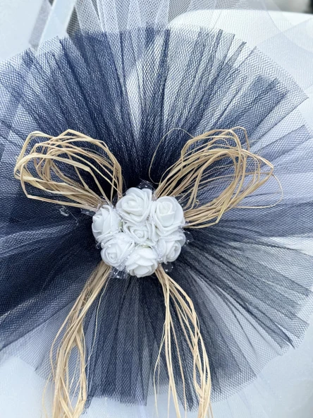 10 Adet Beyaz Siyah Kristal Tül Beyaz Latex Gül Doğal Rafya Detaylı Düğün Nikah Kına Sünnet Konvoy Süsü - Resim 7