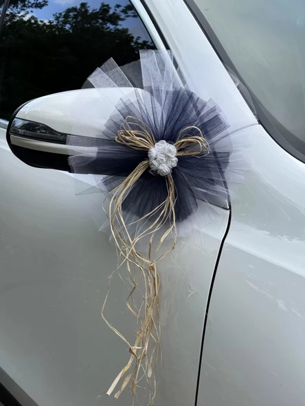 10 Adet Beyaz Siyah Kristal Tül Beyaz Latex Gül Doğal Rafya Detaylı Düğün Nikah Kına Sünnet Konvoy Süsü - Resim 5