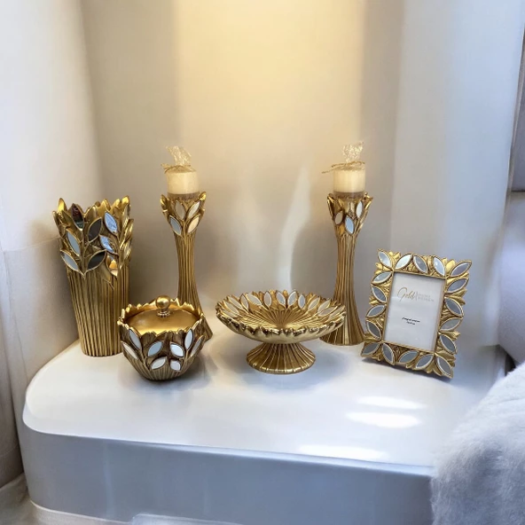 9 Parça Aynalı Konsol Seti Salon Takımı Aksesuar Gold Renk - 2