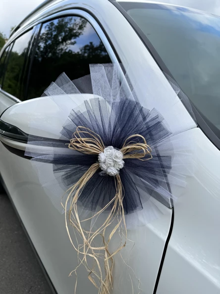 10 Adet Beyaz Siyah Kristal Tül Beyaz Latex Gül Doğal Rafya Detaylı Düğün Nikah Kına Sünnet Konvoy Süsü - Resim 3