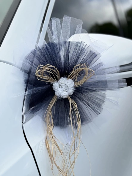 5 Adet Beyaz Siyah Kristal Tül Beyaz Latex Gül Doğal Rafya Detaylı Düğün Nikah Kına Sünnet Konvoy Süsü - 6