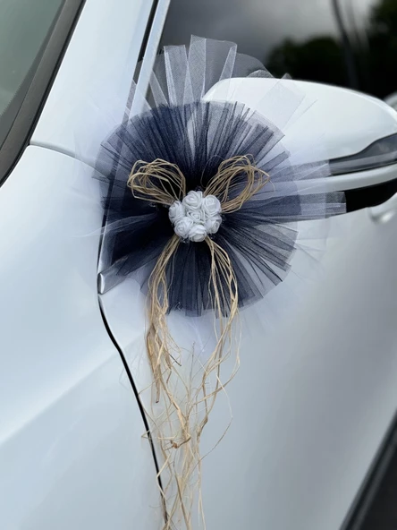 10 Adet Beyaz Siyah Kristal Tül Beyaz Latex Gül Doğal Rafya Detaylı Düğün Nikah Kına Sünnet Konvoy Süsü - Resim 2