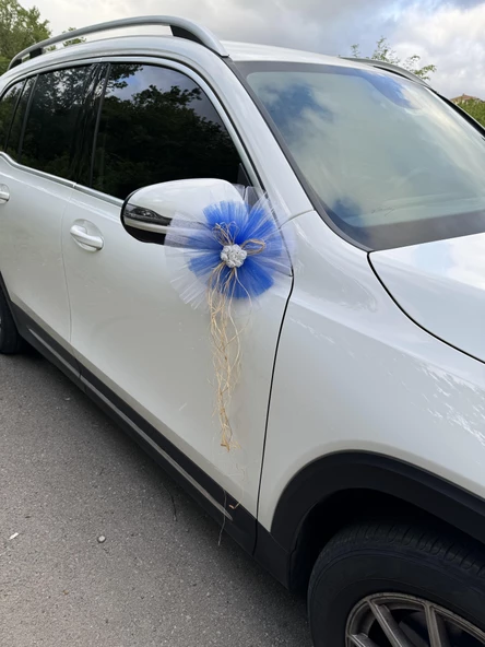 20 Adet Beyaz Mavi Kristal Tül Beyaz Latex Gül Doğal Rafya Detaylı Düğün Nikah Kına Sünnet Konvoy Süsü - 5