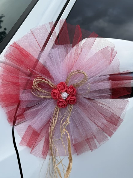 5 Adet Kırmızı Beyaz Kristal Tül Kırmızı Latex Gül Doğal Rafya Detaylı Düğün Nikah Kına Sünnet Konvoy Süsü - 6