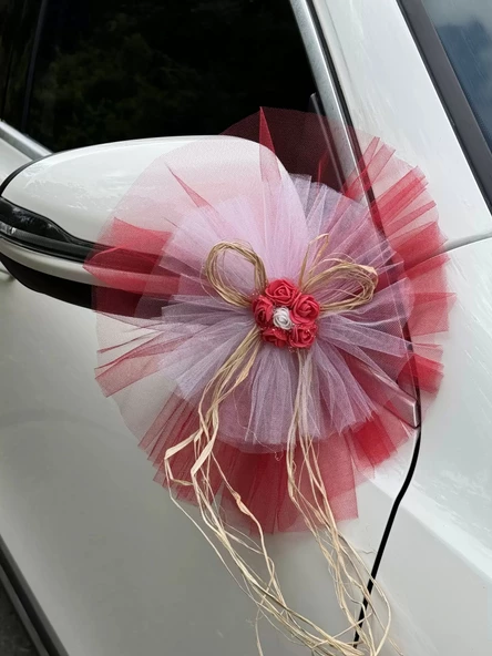 5 Adet Kırmızı Beyaz Kristal Tül Kırmızı Latex Gül Doğal Rafya Detaylı Düğün Nikah Kına Sünnet Konvoy Süsü - 5