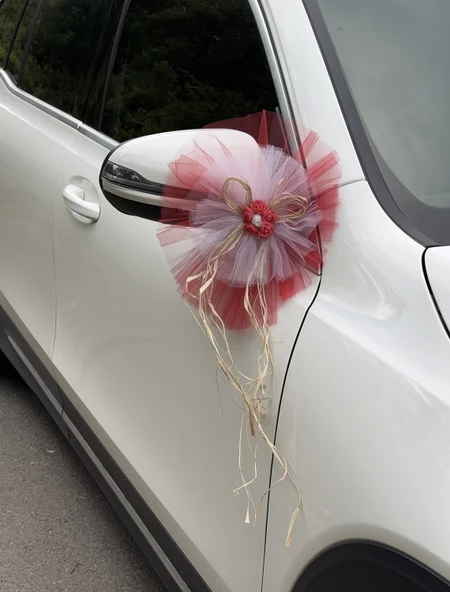 5 Adet Kırmızı Beyaz Kristal Tül Kırmızı Latex Gül Doğal Rafya Detaylı Düğün Nikah Kına Sünnet Konvoy Süsü - 3