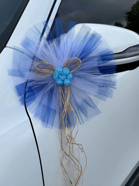 5 Adet Mavi Beyaz Kristal Tül Mavi Latex Gül Doğal Rafya Detaylı Düğün Nikah Kına Sünnet Konvoy Süsü - Resim 4