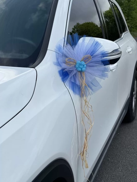 20 Adet Mavi Beyaz Kristal Tül Mavi Latex Gül Doğal Rafya Detaylı Düğün Nikah Kına Sünnet Konvoy Süsü - 3
