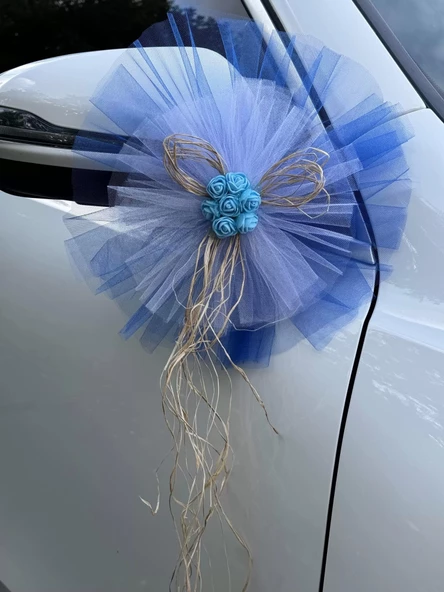 30 Adet Mavi Beyaz Kristal Tül Mavi Latex Gül Doğal Rafya Detaylı Düğün Nikah Kına Sünnet Konvoy Süsü - Resim 3