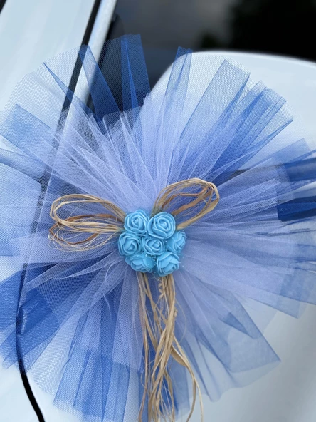 30 Adet Mavi Beyaz Kristal Tül Mavi Latex Gül Doğal Rafya Detaylı Düğün Nikah Kına Sünnet Konvoy Süsü - Resim 6