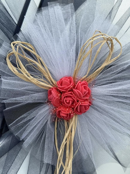 10 Adet Siyah Beyaz Kristal Tül Kırmızı Latex Gül Doğal Rafya Detaylı Düğün Nikah Kına Sünnet Konvoy Süsü - Resim 8