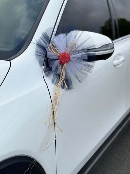 10 Adet Siyah Beyaz Kristal Tül Kırmızı Latex Gül Doğal Rafya Detaylı Düğün Nikah Kına Sünnet Konvoy Süsü - Resim 6