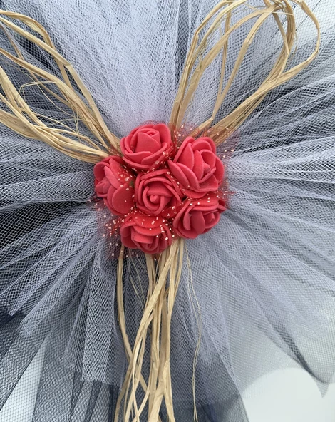 10 Adet Siyah Beyaz Kristal Tül Kırmızı Latex Gül Doğal Rafya Detaylı Düğün Nikah Kına Sünnet Konvoy Süsü - Resim 7