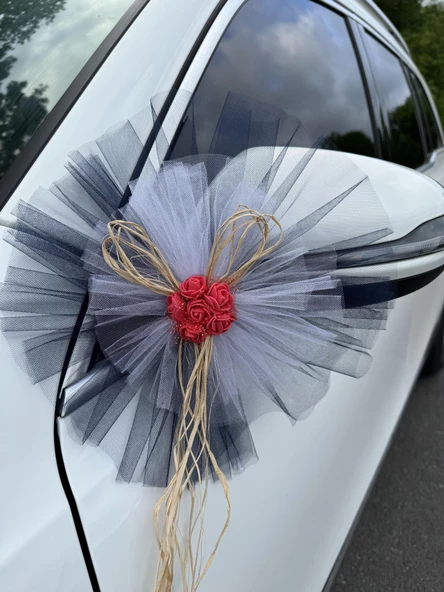 20 Adet Siyah Beyaz Kristal Tül Kırmızı Latex Gül Doğal Rafya Detaylı Düğün Nikah Kına Sünnet Konvoy Süsü - 2