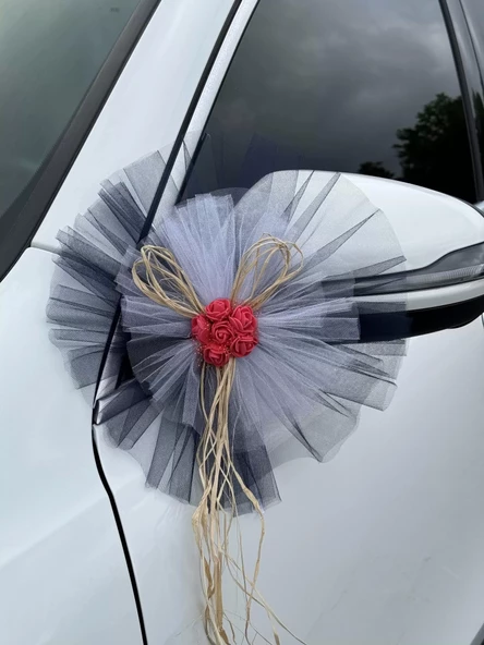 20 Adet Siyah Beyaz Kristal Tül Kırmızı Latex Gül Doğal Rafya Detaylı Düğün Nikah Kına Sünnet Konvoy Süsü - 4