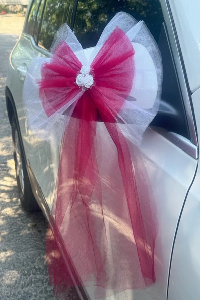 20 Adet Beyaz Kırmızı Kristal Tül Beyaz Latex Gül Kuyruk Detaylı Düğün Nikah Kına Sünnet Konvoy Süsü - Resim 8