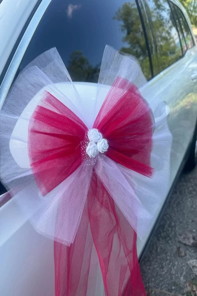 30 Adet Beyaz Kırmızı Kristal Tül Beyaz Latex Gül Kuyruk Detaylı Düğün Nikah Kına Sünnet Konvoy Süsü - Resim 7