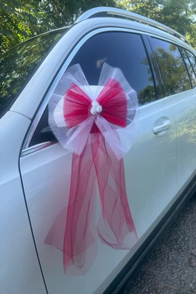10 Adet Beyaz Kırmızı Kristal Tül Beyaz Latex Gül Kuyruk Detaylı Düğün Nikah Kına Sünnet Konvoy Süsü - 4