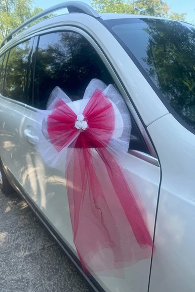 20 Adet Beyaz Kırmızı Kristal Tül Beyaz Latex Gül Kuyruk Detaylı Düğün Nikah Kına Sünnet Konvoy Süsü - Resim 5