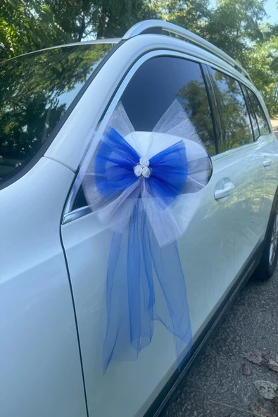 5 Adet Beyaz Mavi Kristal Tül Beyaz Latex Gül Kuyruk Detaylı Düğün Nikah Kına Sünnet Konvoy Süsü - Resim 2