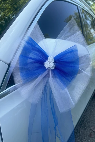 5 Adet Beyaz Mavi Kristal Tül Beyaz Latex Gül Kuyruk Detaylı Düğün Nikah Kına Sünnet Konvoy Süsü - Resim 4