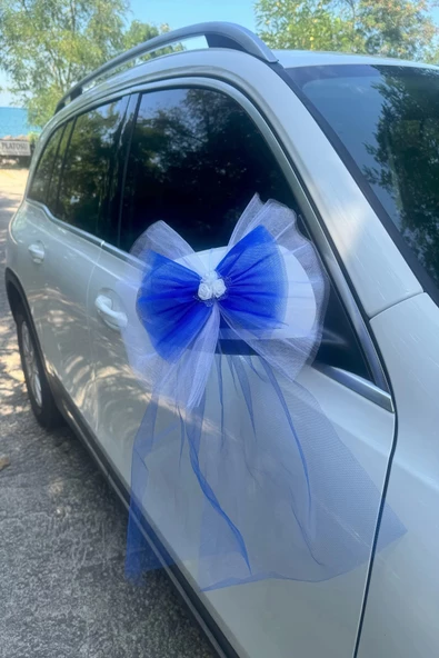 5 Adet Beyaz Mavi Kristal Tül Beyaz Latex Gül Kuyruk Detaylı Düğün Nikah Kına Sünnet Konvoy Süsü - Resim 7