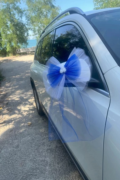 5 Adet Beyaz Mavi Kristal Tül Beyaz Latex Gül Kuyruk Detaylı Düğün Nikah Kına Sünnet Konvoy Süsü - Resim 5