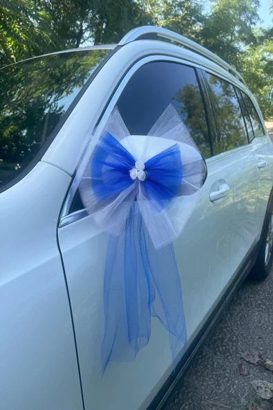 5 Adet Beyaz Mavi Kristal Tül Beyaz Latex Gül Kuyruk Detaylı Düğün Nikah Kına Sünnet Konvoy Süsü - Resim 6