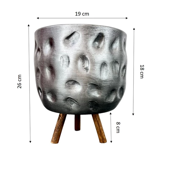 Bitki Tasarımı  Gümüş Desenli Toprak Saksı Saksılık Salon Çiçeklik 3 Ayaklı - 19 CM - 2