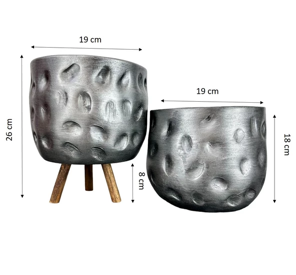 Bitki Tasarımı  Gümüş Desenli Toprak Saksı Saksılık Salon Çiçeklik İkili Set Ayaksız - 3 Ayaklı- 19 CM - 2