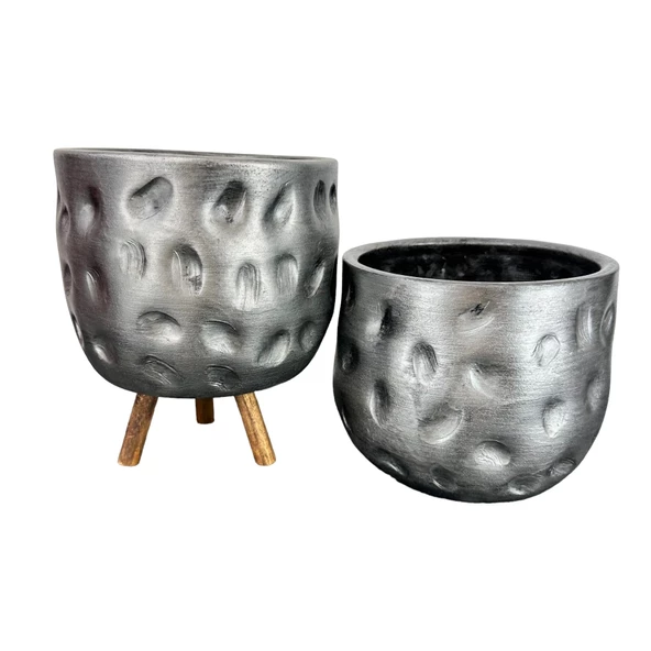 Bitki Tasarımı  Gümüş Desenli Toprak Saksı Saksılık Salon Çiçeklik İkili Set Ayaksız - 3 Ayaklı- 19 CM - 3