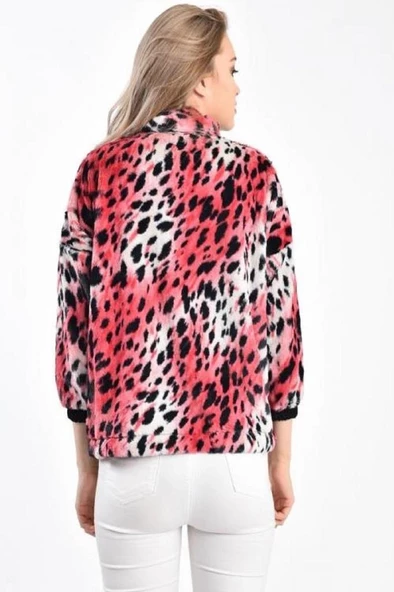 Eteği Bağlamalı Leopar Desenli Pembe Kadın Peluş Mont - 5