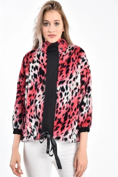 Eteği Bağlamalı Leopar Desenli Pembe Kadın Peluş Mont - 4